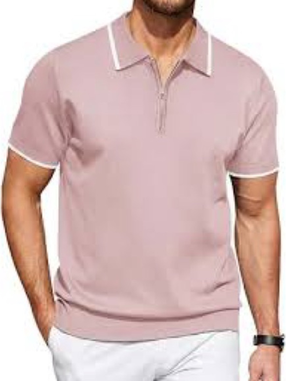 COOFANDY Men’s XXL Dusty Pink Quarter Zip Knit Polo Shirt White Trim